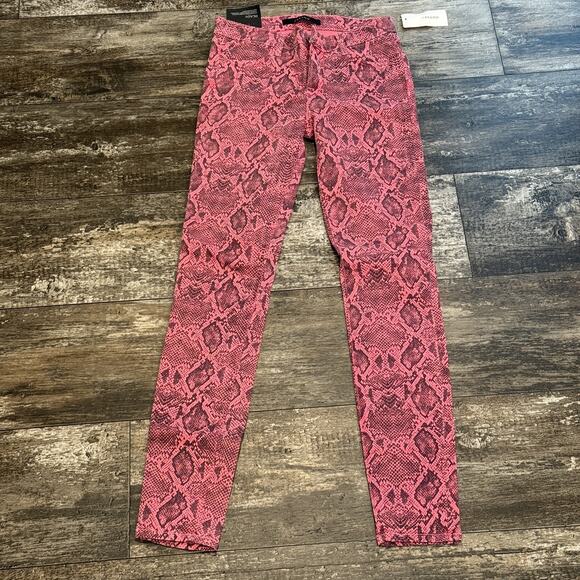 J Brand Jean Women 26 Neon Pink Boa Photo Ready Mid Rise Skinny Animal Print NEW - Picture 2 of 16
